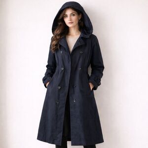 Anne Klein Lined Hooded Trench Coat Jacket Button Black Outdoors Old Money Sz 6P